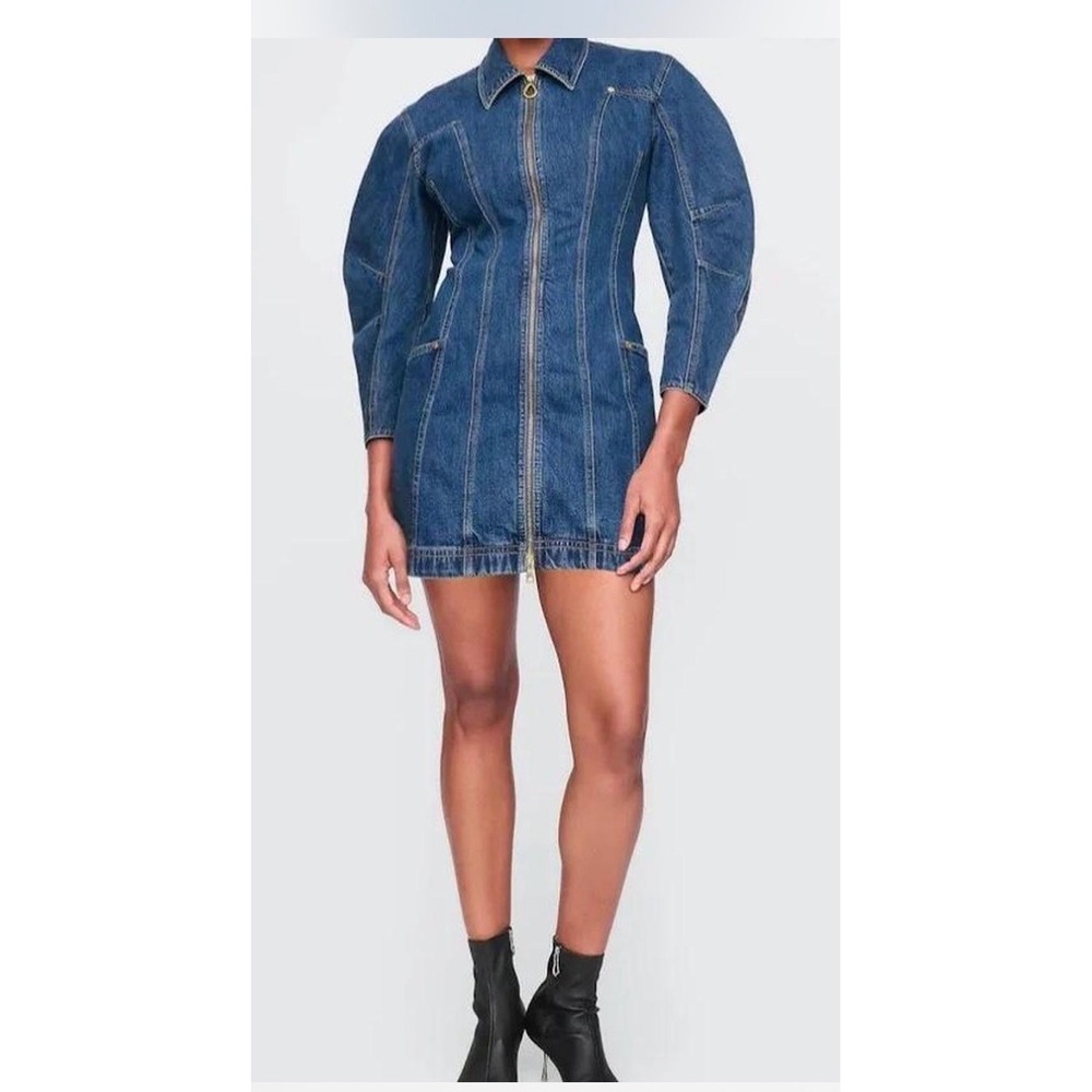Cult Gaia x The Gap Blue Denim Zip Front Mini Dress Puff Shoulder  Panel L